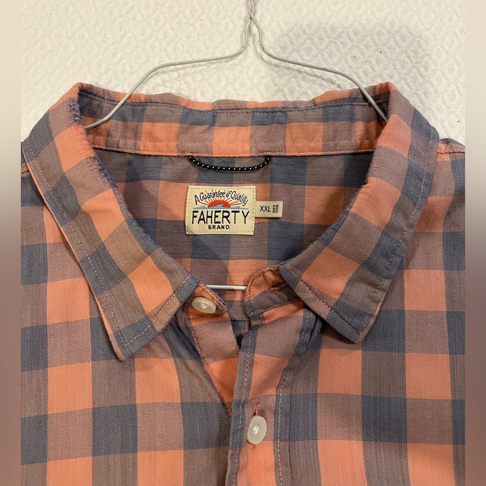 Faherty SS Movement Plaid Shirt - Peach and Slate XXL